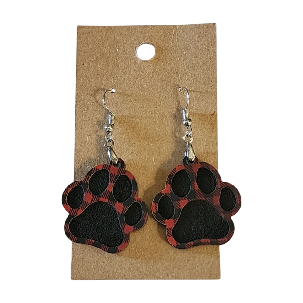 Buffalo Plaid Paw Print Acrylic Drop Earrings